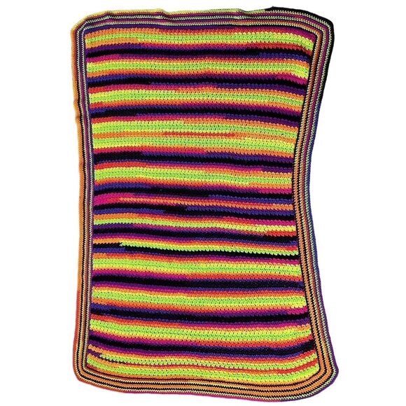 Afghan Crocheted Blanket Throw Halloween Stripe Orange Black Purple Handmade - Picture 2 of 7